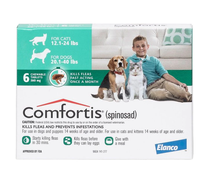 Comfortis Chewable Tablets for Dogs 20.1-40 lbs & Cats 12.1-24 lbs, (Green Box) 1 Comfortis Chewable Tablets for Dogs 20.1-40 lbs & Cats 12.1-24 lbs, (Green Box)