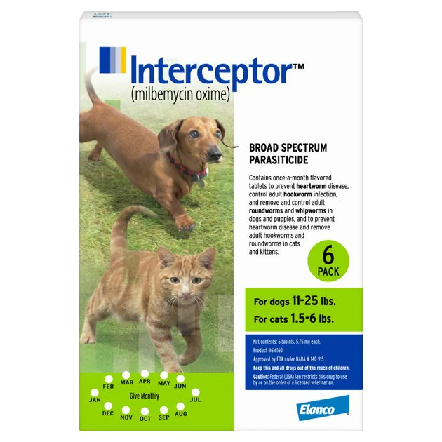 Interceptor Chewable Tablet for Dogs, 11-25 lbs, & Cats, 1.5-6 lbs, (Green Box) 1 Interceptor Chewable Tablet for Dogs, 11-25 lbs, & Cats, 1.5-6 lbs, (Green Box)