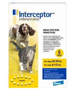 Interceptor Chewable Tablet for Dogs, 26-50 lbs, & Cats, 6.1-12 lbs, (Yellow Box)