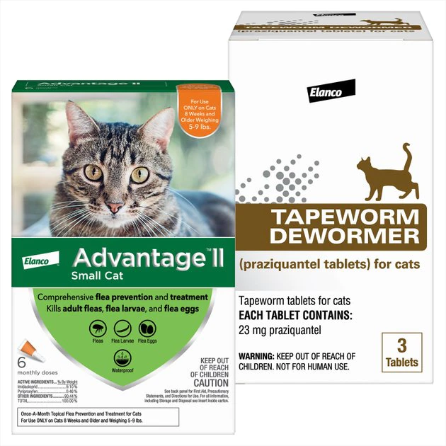 Advantage II||Elanco Advantage II Flea Spot Treatment, 5-9 lbs + Elanco Tapeworm Cat De-Wormer 1 Advantage II||Elanco Advantage II Flea Spot Treatment, 5-9 lbs + Elanco Tapeworm Cat De-Wormer