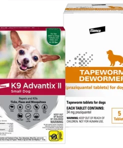 K9 Advantix II||Elanco K9 Advantix II Flea & Tick Spot Treatment for Dogs, 4-10 lbs, 6 Doses (6-mos. supply) + Elanco Tapeworm Dog De-Wormer, 5 count