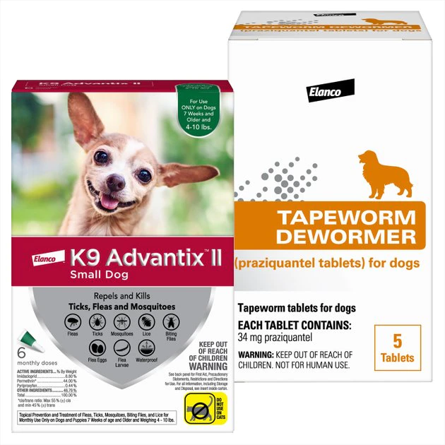 K9 Advantix II||Elanco K9 Advantix II Flea & Tick Spot Treatment for Dogs, 4-10 lbs, 6 Doses (6-mos. supply) + Elanco Tapeworm Dog De-Wormer, 5 count 1 K9 Advantix II||Elanco K9 Advantix II Flea & Tick Spot Treatment for Dogs, 4-10 lbs, 6 Doses (6-mos. supply) + Elanco Tapeworm Dog De-Wormer, 5 count